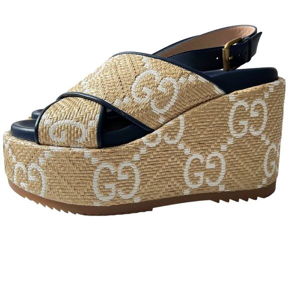 New Gucci Authentic Raffia Nappa GG Monogram Platform 703791 Sz 39 Rubber Soles - Picture 1 of 15